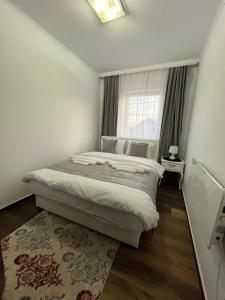 Un dormitorio con una cama grande y una ventana en Airport SKY apartments LUX en Belgrado