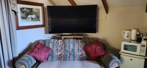 een woonkamer met een bank en een flatscreen-tv bij MnM's BnB in Napier