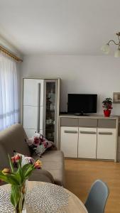sala de estar con sofá y TV de pantalla plana en Apartament 35, en Zamość