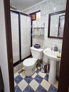 a bathroom with a toilet and a sink at Hostal Vaianny in Hanga Roa