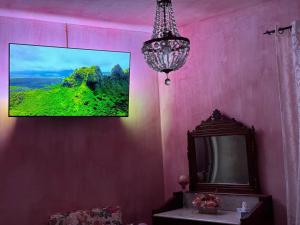 Habitación rosa con TV y espejo. en Le Casette Country House en Petricci