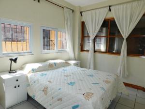 a bedroom with a bed and two windows at Casa Xelaju Apartments in Quetzaltenango