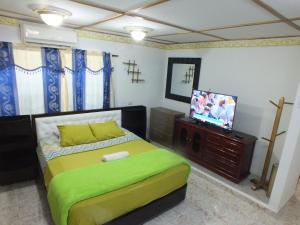 um quarto com uma cama verde e uma televisão em Hotel Alto de los Nogales em Barranquilla