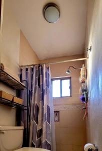 uma casa de banho com um chuveiro, um WC e uma janela. em Habitación Roble em Saltillo