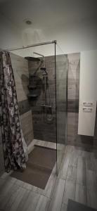 a shower with a glass door in a bathroom at Apartament Parkowa in Nowy Targ +4 photos