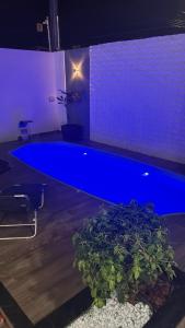 a blue swimming pool with a potted plant in a room at Casa Aconchegante com Piscina in Petrolina