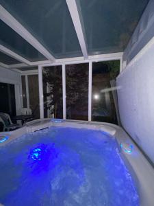 eine Whirlpool-Badewanne in einem Zimmer mit Fenster in der Unterkunft Michael House in Jerusalem
