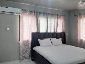 a bed with white pillows in front of a window at The Alpha residence in Tema