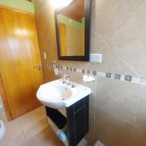 uma casa de banho com um lavatório e um espelho em Chalet Liwen em San Martín de los Andes