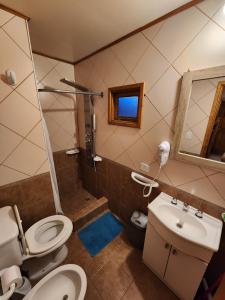 a bathroom with a toilet and a shower and a sink at La Barranca in Ushuaia