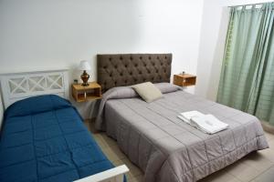 a bedroom with a bed with a blue comforter at Departamentos x dia Viedma 3 CON COCHERA in Viedma