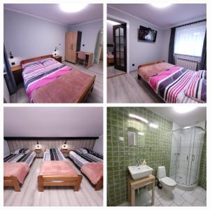 4 fotos de un dormitorio con 2 camas y un baño en Zajazd Wernyhora, en Sułoszowa