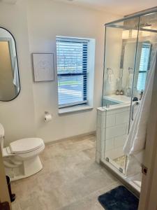 ein Bad mit einem WC, einer Dusche und einem Fenster in der Unterkunft Modern Fully Renovated Suite & Loft in Downtown Trenton in Trenton