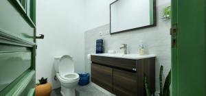 a bathroom with a toilet and a sink and a mirror at Casinha Nova - Entire Home in Sao Filipe in São Filipe