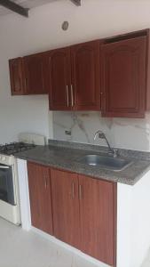 eine Küche mit Holzschränken und einem Waschbecken in der Unterkunft Habitacion 401,402,403,404 in Medellín