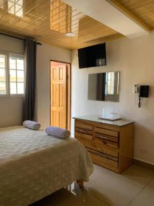 a bedroom with a bed and a dresser with a mirror at Hotel Internacional de Colón in Colón
