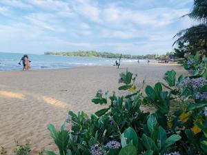 a beach with people walking on the sand at Crocotopond in Arugam Bay