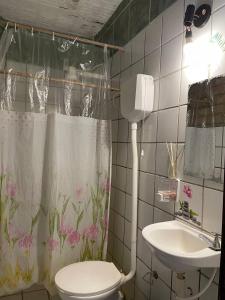 a bathroom with a toilet and a sink at Pousada sol nascente in Beberibe