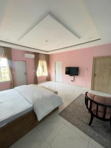 a large bedroom with a large bed and a tv at Cozy And Serene Studio Apartment in Abuja