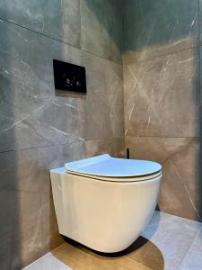 ein Bad mit einem weißen WC in einem Zimmer in der Unterkunft VENEZIANA Boutique Hotel Superior in Koper