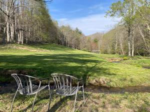 two metal chairs sitting in a field of grass at Creekside Getaway - King Bed - Full Kitchen in Boone
