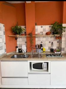 a kitchen with a sink and a microwave at Vibe House Hostel in Florianópolis