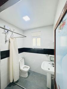 La salle de bains blanche est pourvue de toilettes et d'un lavabo. dans l'établissement Nagoda Kandana Villa, à Nagoda