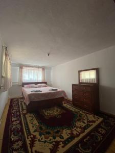 a bedroom with a bed and a dresser and a rug at Guest House Baiel in Bokonbayevo