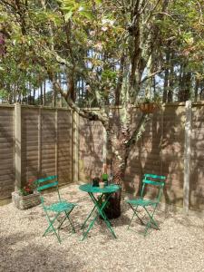 two chairs and a table next to a tree at Forest Heath Holidays - The Nook in Ringwood