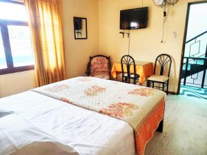 1 dormitorio con 1 cama, mesa y sillas en Anccalla Inn Guesthouse, en Nazca