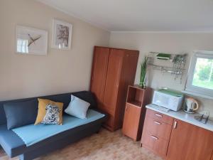 una pequeña sala de estar con sofá y microondas en Domek letniskowy w Miliczu, en Milicz