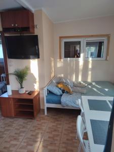 a small bedroom with a bed and a flat screen tv at Domek letniskowy w Miliczu in Milicz