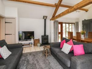 a living room with two couches and a tv at Wye Cottage in Maesmynis