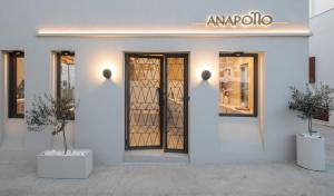 un bâtiment blanc avec une porte et deux plantes en pot dans l'établissement Anapollo Boutique Hotel Adults Only, à Naxos Chora