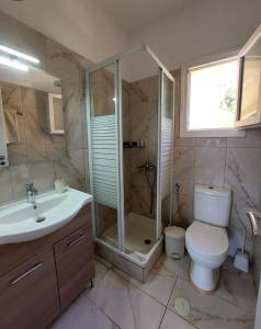 a bathroom with a shower and a toilet and a sink at Thanos Guesthouse Corfu in Áyioi Dhéka +17 photos