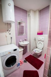 IlijašにあるThe view Apartmentsのピンクと白のバスルーム(トイレ、シンク付)