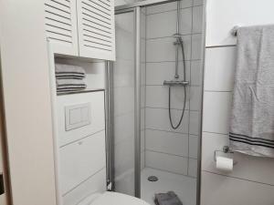 a white bathroom with a shower and a toilet at Sound of the sea Modern retreat in Wangerooge