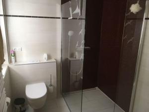 ルブミンにあるStrandhus Modern retreatのバスルーム(トイレ、ガラス張りのシャワー付)