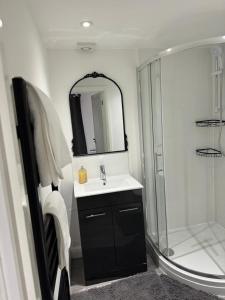 een badkamer met een wastafel en een douche bij Exclusive Lakeside Apartment in Grays Thurrock