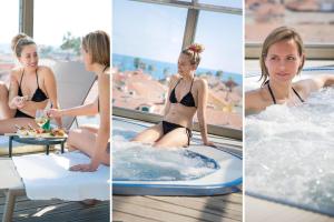 Tre foto di una donna in una vasca idromassaggio di Hotel Torino Wellness & Spa a Diano Marina