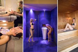 Tre foto di una donna in una sauna di Hotel Torino Wellness & Spa a Diano Marina