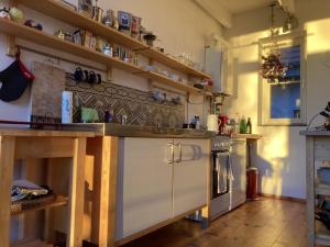 a kitchen with wooden shelves and a counter top at Studio Vineta in Barth
