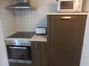 a small kitchen with a microwave and a stove at Ferienhaus Vorwachs 1 in Schwielochsee