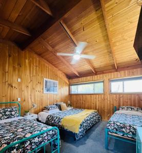 two beds in a room with wooden walls at No43 Studio apartment in Mount Beauty