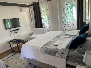 a bedroom with a large bed and a television at Apartman Glorija in Kotor