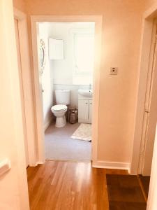 a bathroom with a toilet and a sink and a window at Inverthorn House in Inverness