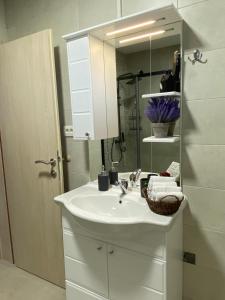 a white bathroom with a sink and a mirror at Apartmani Pranić in Mostar