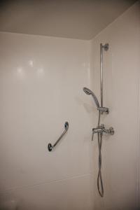 a shower in a bathroom with two handles on the wall at Jurta a Duna-parton in Zebegény