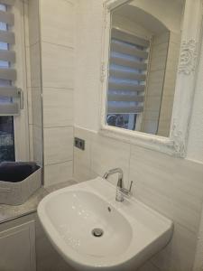 a bathroom with a white sink and a mirror at Ferienwohnung Grimma in Grimma