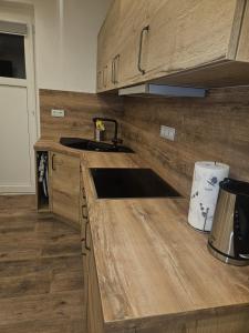 eine Küche mit einer Arbeitsfläche aus Holz und einem Waschbecken in der Unterkunft Ferienwohnung Grimma in Grimma